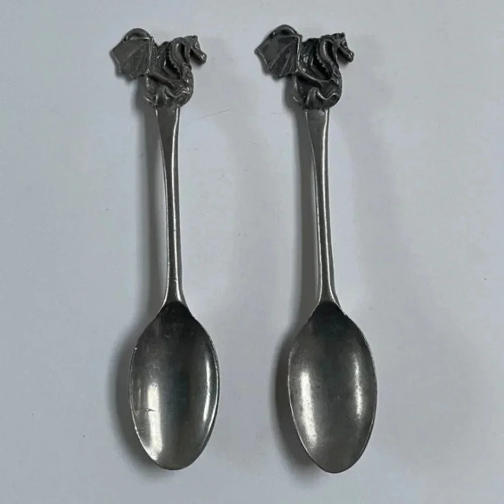 Pewter Baby Spoon‎ Set of 2 Silver Dragon Handle Home Decor Kitchen Dining